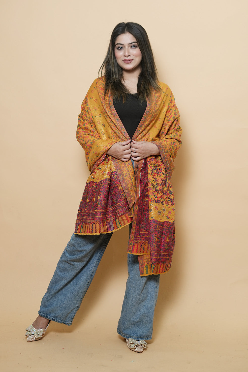 Mustard Colour Beautiful Kani Border And AllOver Multi