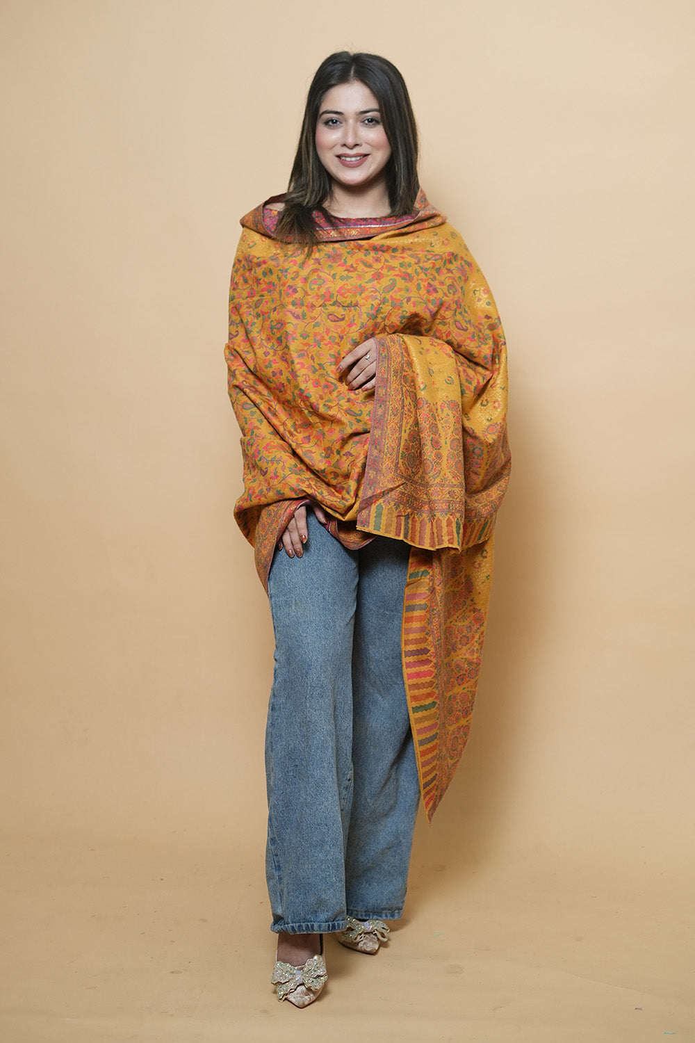 Mustard Colour Beautiful Kani Border And AllOver Multi