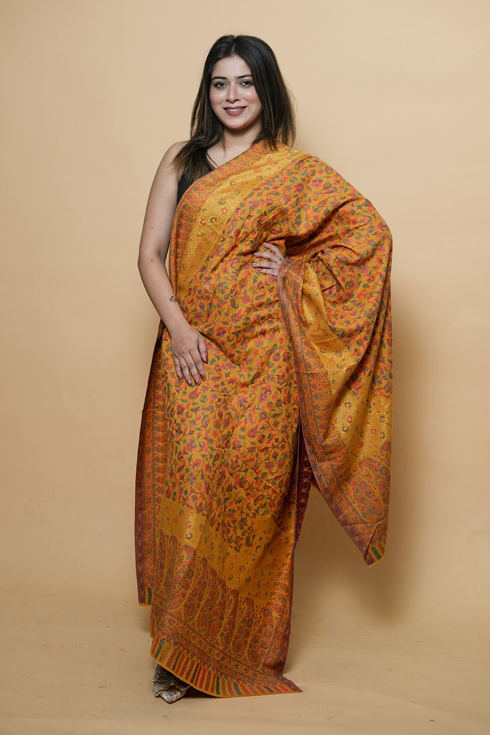 Mustard Colour Beautiful Kani Border And AllOver Multi