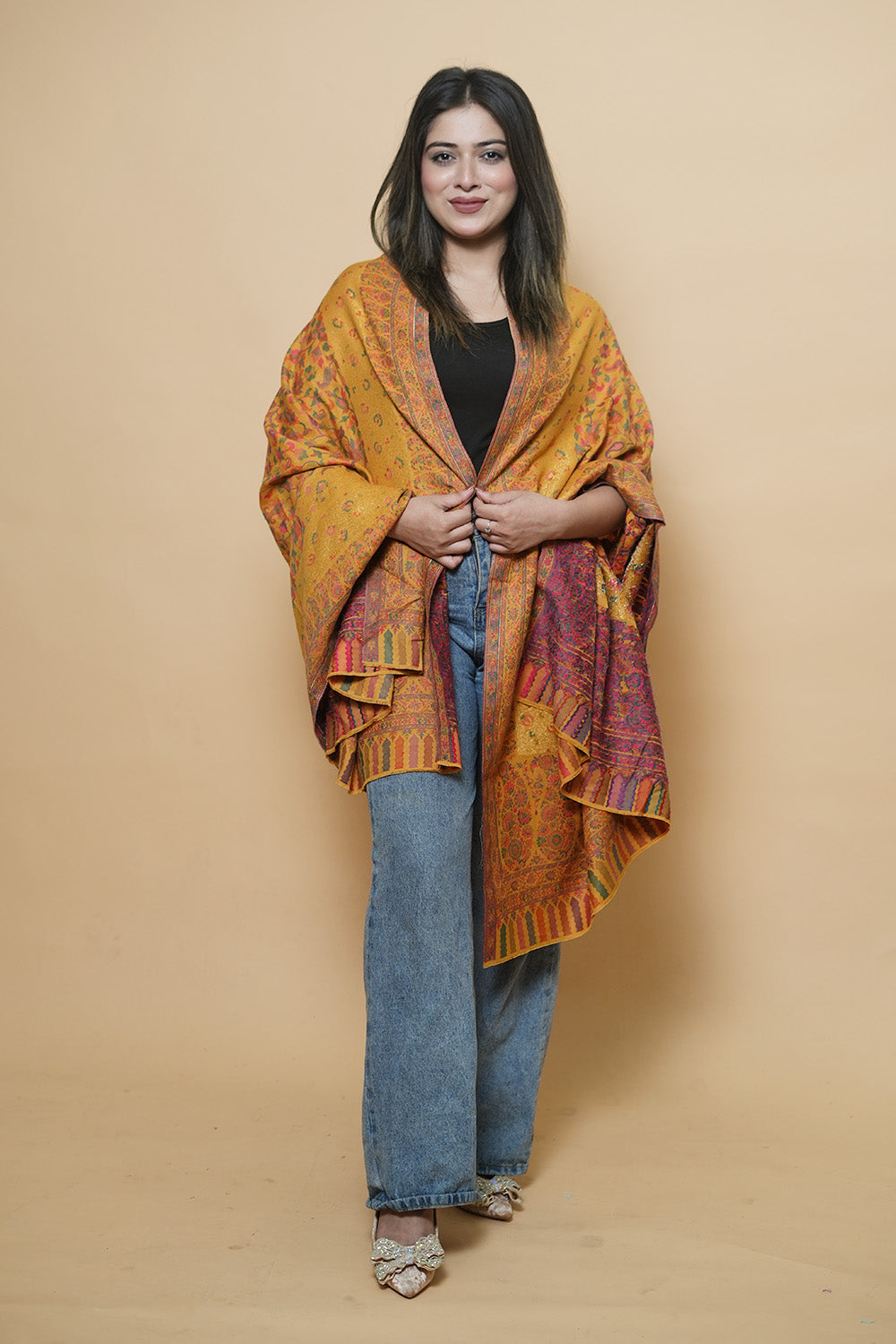 Mustard Colour Beautiful Kani Border And AllOver Multi