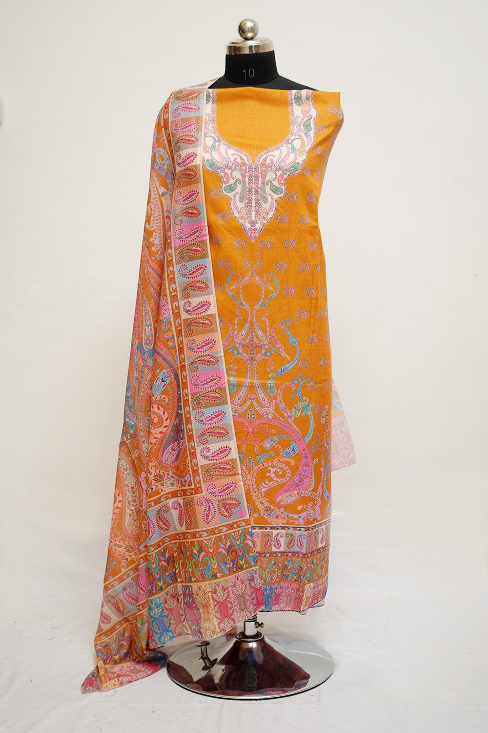 Mustard Colour Cotton Kani Printed Unstitched Suit Fabric