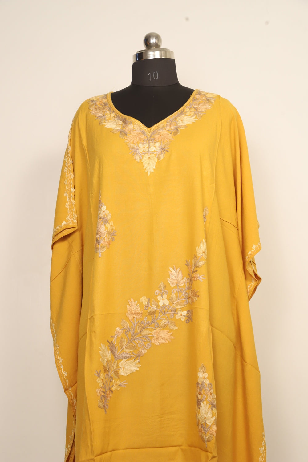 Mustard Colour Cotton Kashmiri Aari Work Designer Kaftan