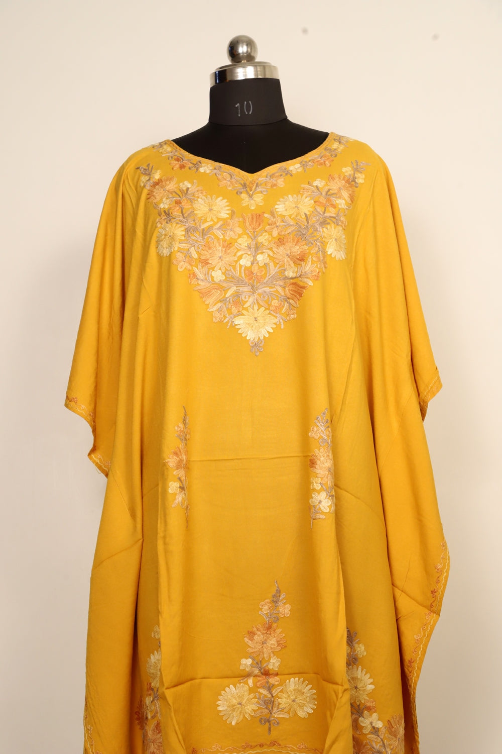 Mustard Colour Cotton Kashmiri Aari Work Designer Kaftan