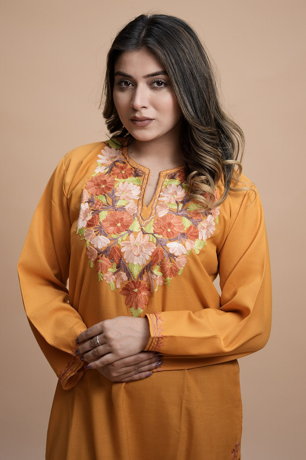 Mustard Colour Cotton Kurti With Kashmiri Motifs Latest