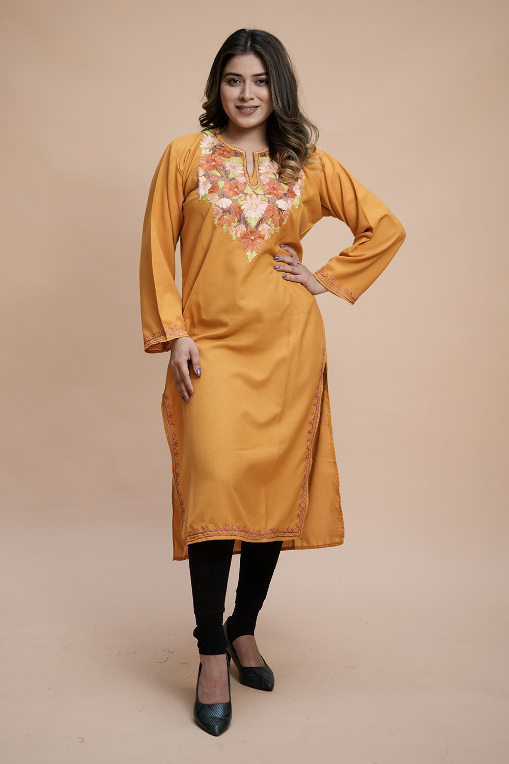Mustard Colour Cotton Kurti With Kashmiri Motifs Latest