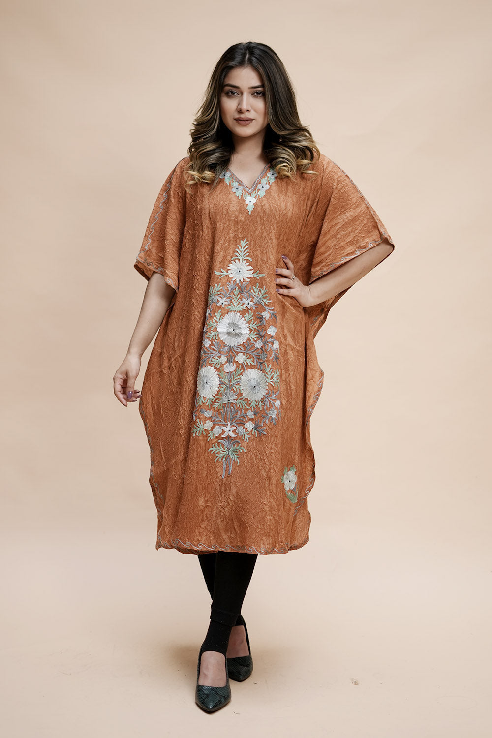 Mustard Colour Crush Cotton Kashmiri Aari Work Designer