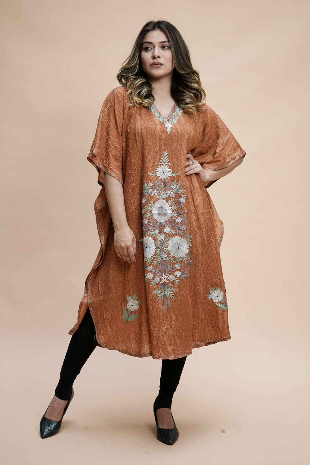 Mustard Colour Crush Cotton Kashmiri Aari Work Designer