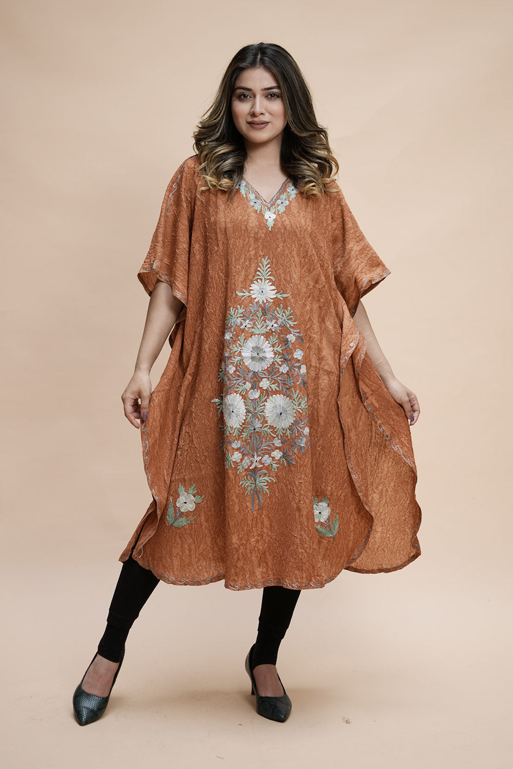 Kashmir Gallery Women Kashmiri Crape Kaftan Nightgown Maxi with Kashmiri Charming Embroidery Free Size- beige
