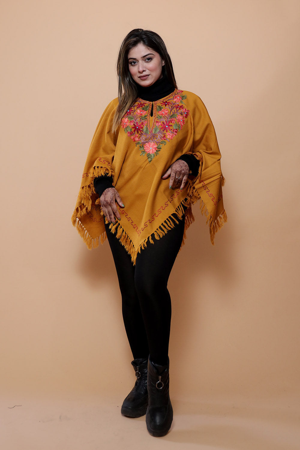 Mustard Colour Ponchu With Elegant Kashmiri Embroidery.