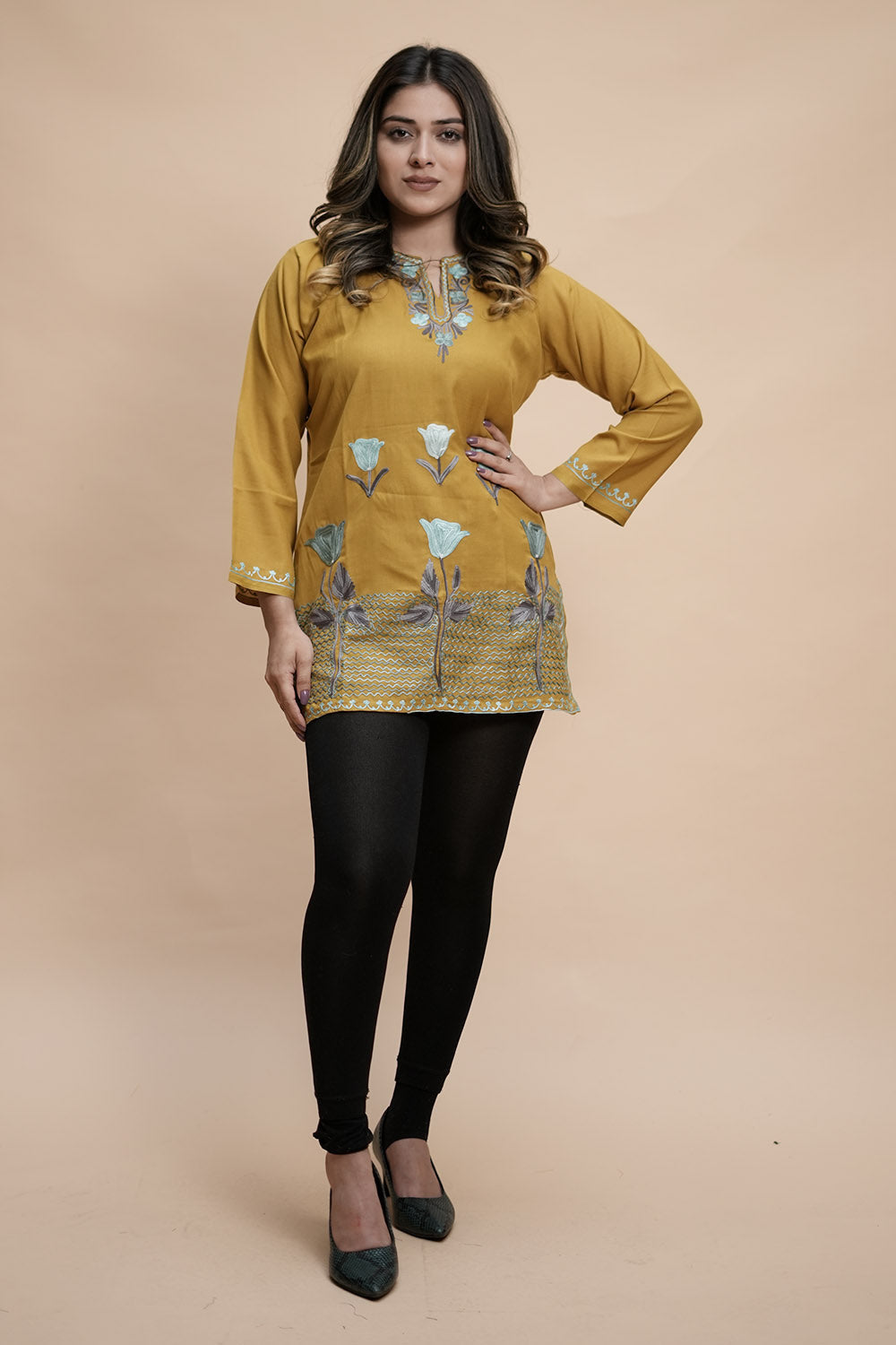 Mustard Cotton Aari Work Kurti With Multicoloured Designer