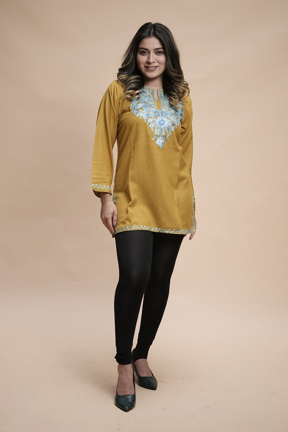 Mustard Cotton Aari Work Kurti With Multicoloured Designer