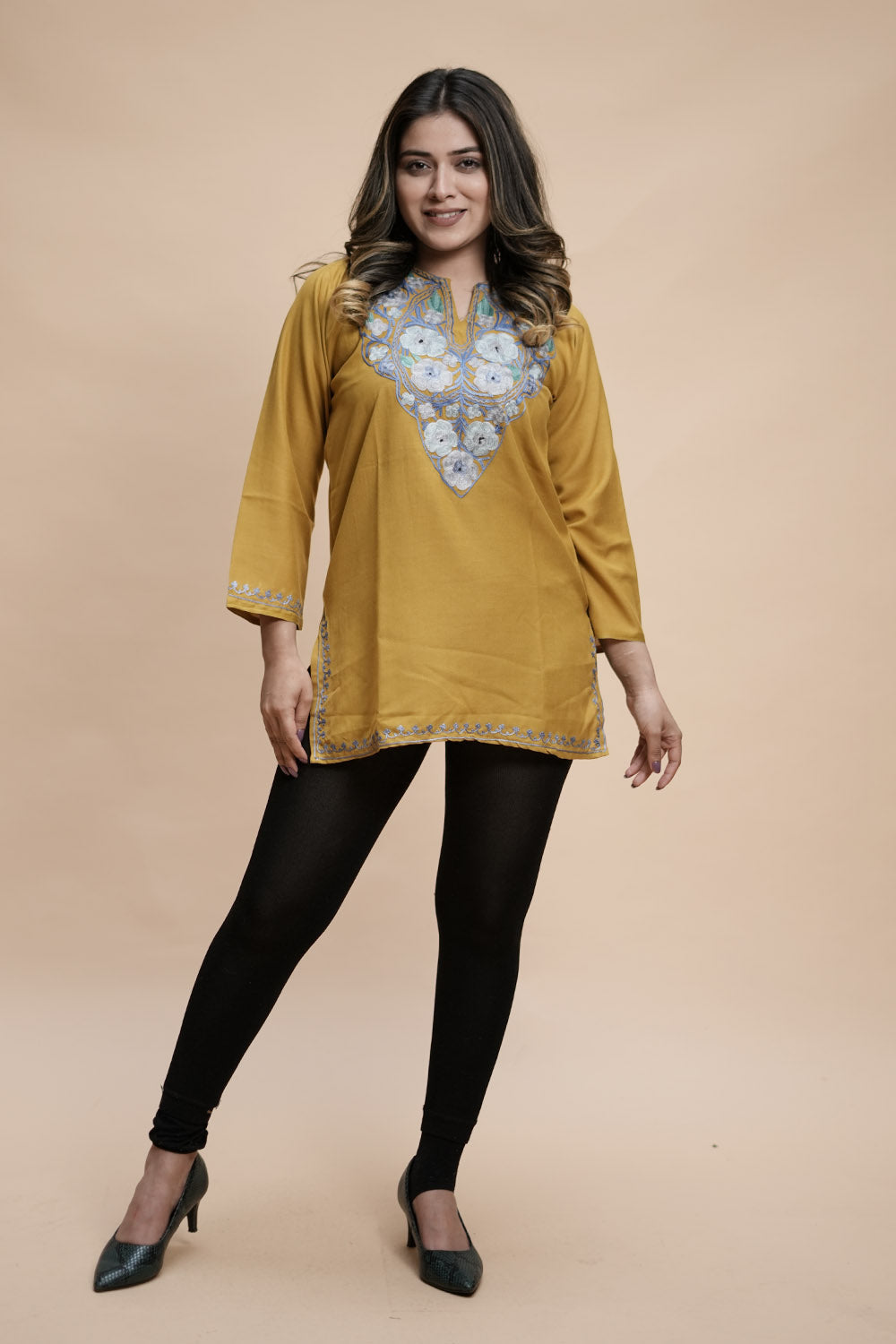 Mustard Cotton Aari Work Kurti With Multicoloured Designer