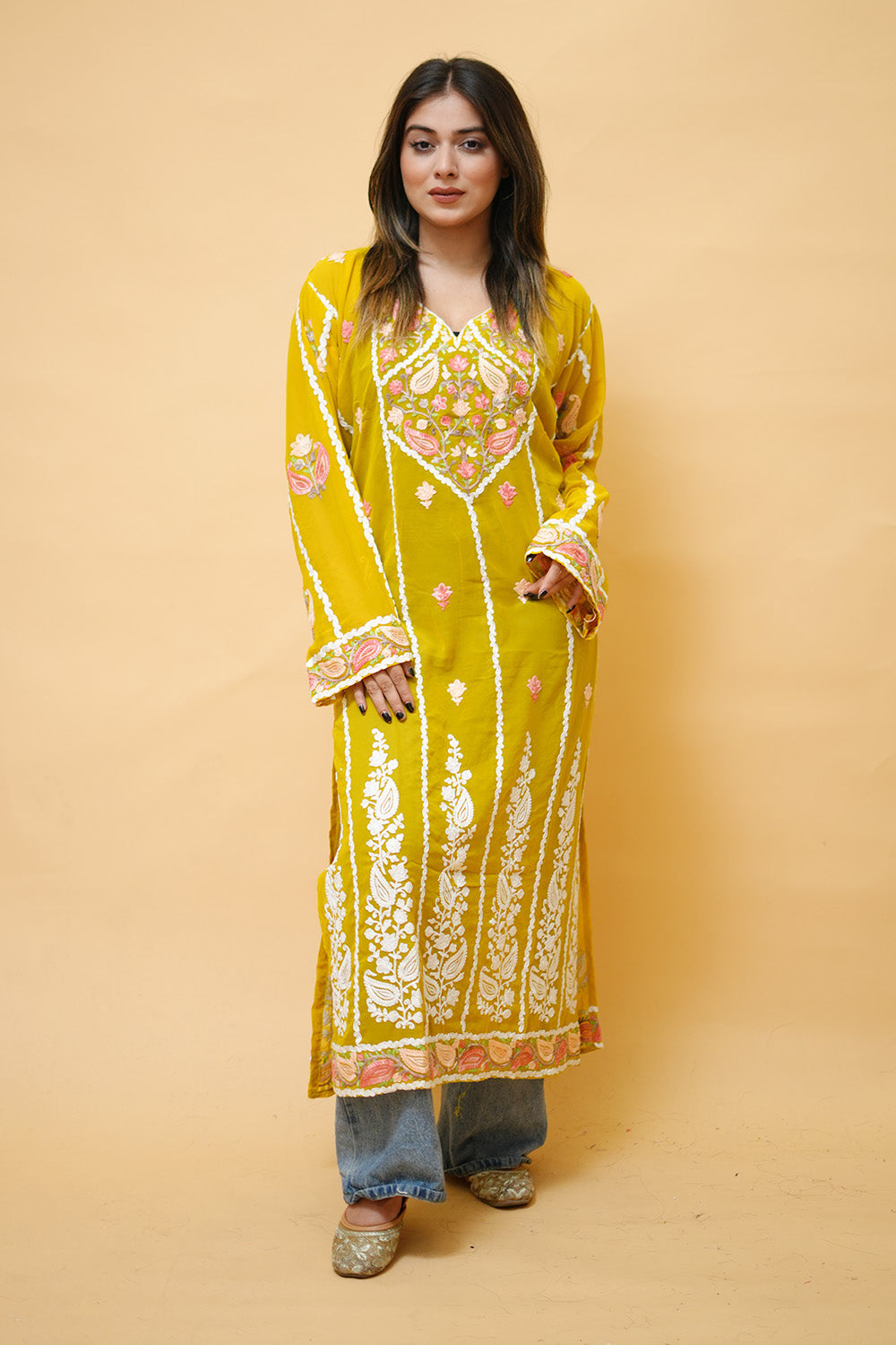 Mustard Lining Kashmiri Kurti With Multicolour all over