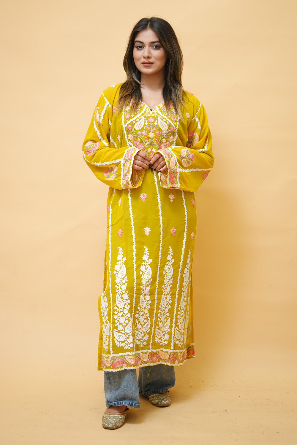 Mustard Lining Kashmiri Kurti With Multicolour all over