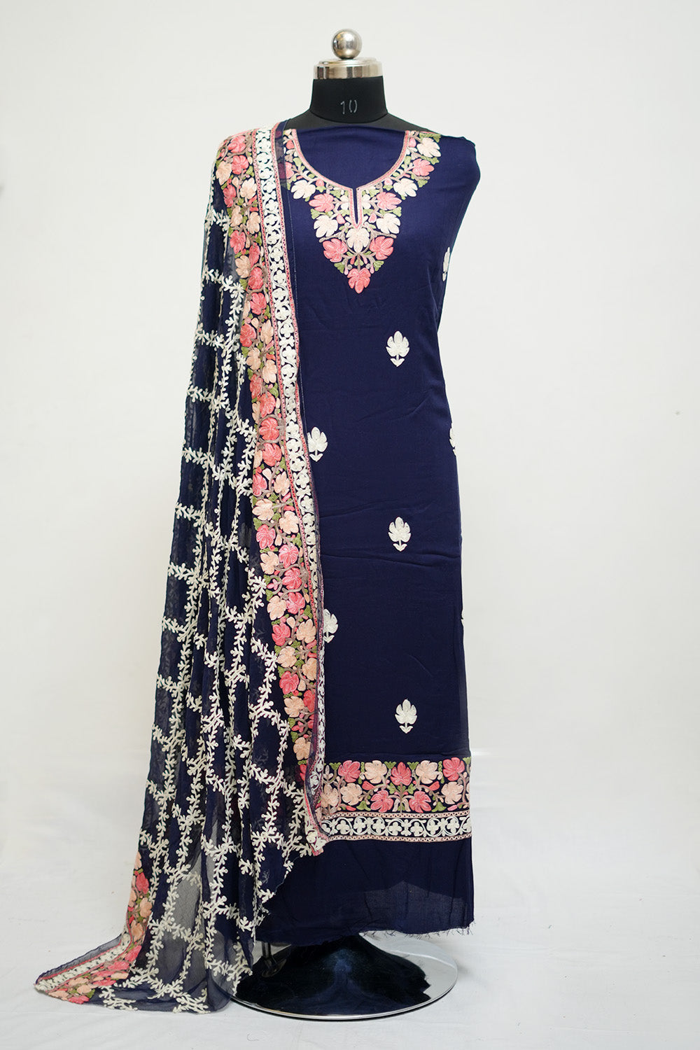 Navy Blue Aari Work Salwar Kameez With Neckline Pattern