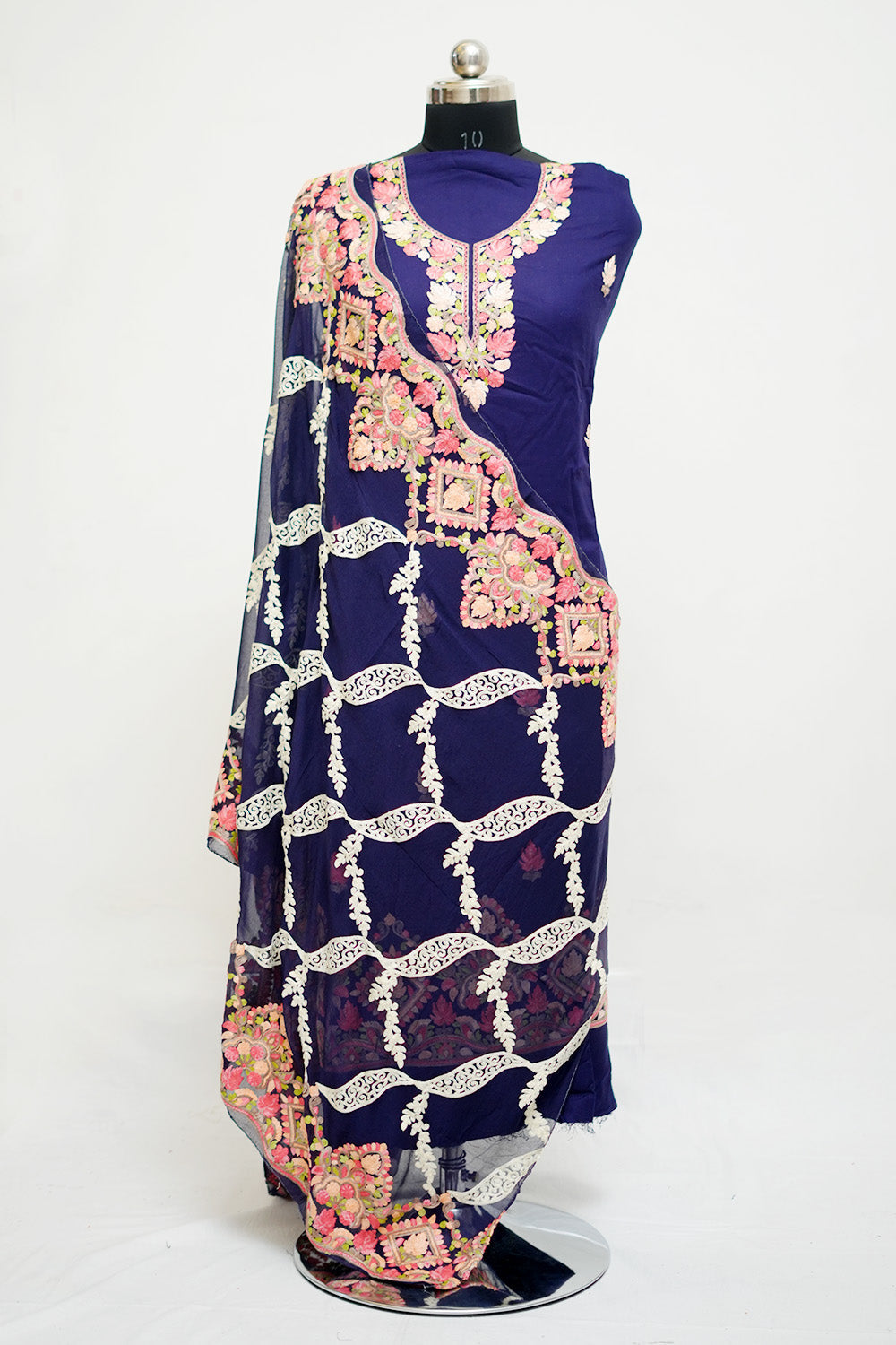 Navy Blue Aari Work Salwar Kameez With Neckline Pattern