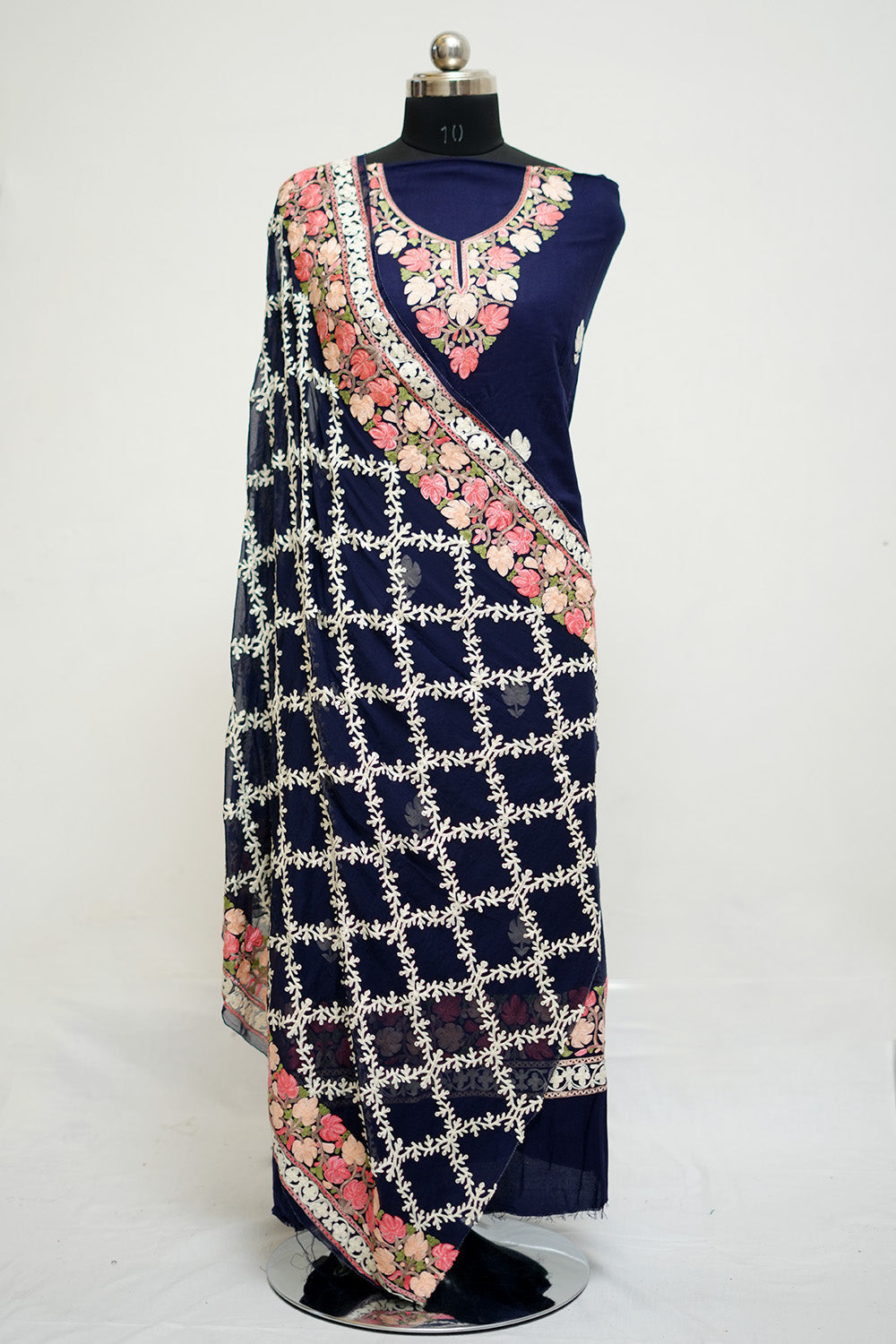 Navy Blue Aari Work Salwar Kameez With Neckline Pattern