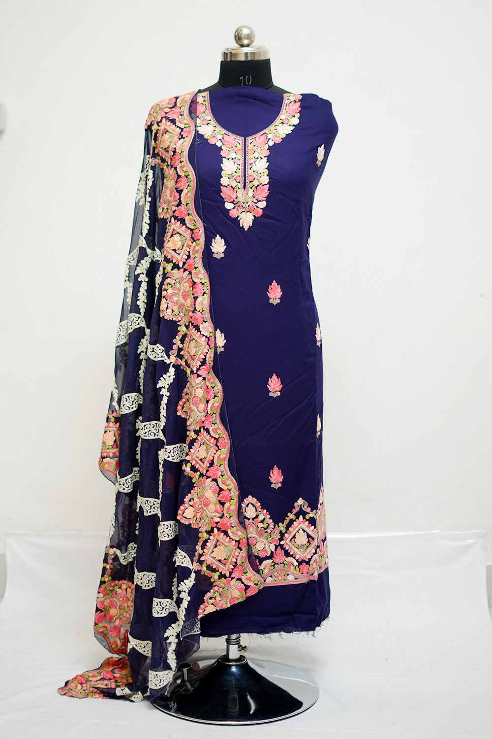 Navy Blue Aari Work Salwar Kameez With Neckline Pattern