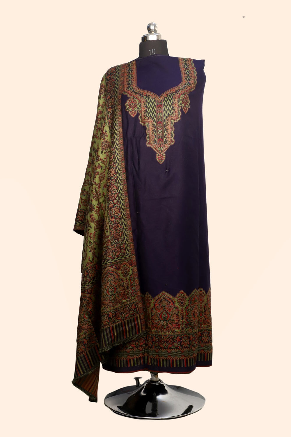 Navy Blue Color Woolen Kashmiri Kani Work Unstitched Suit