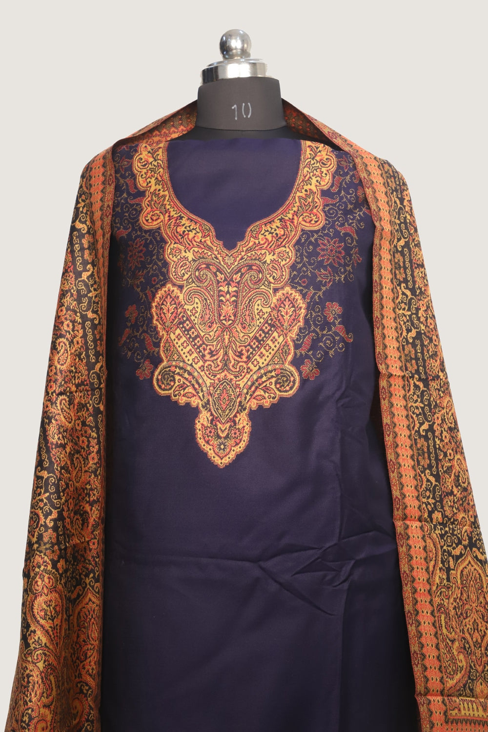 Navy Blue Color Woolen Kashmiri Kani Work Unstitched Suit