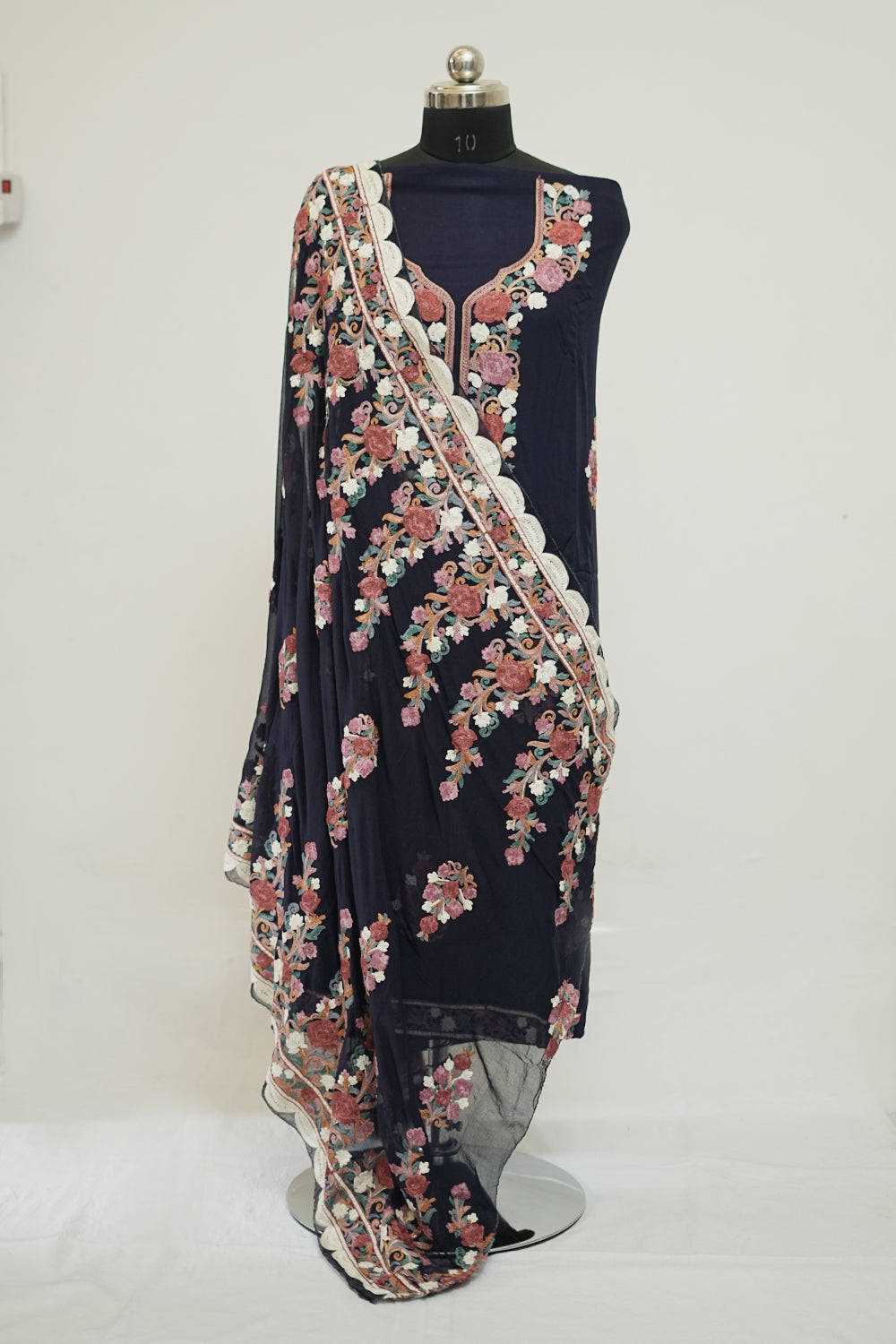 Navy Blue Colour Aari Work Salwar Kameez With Neckline