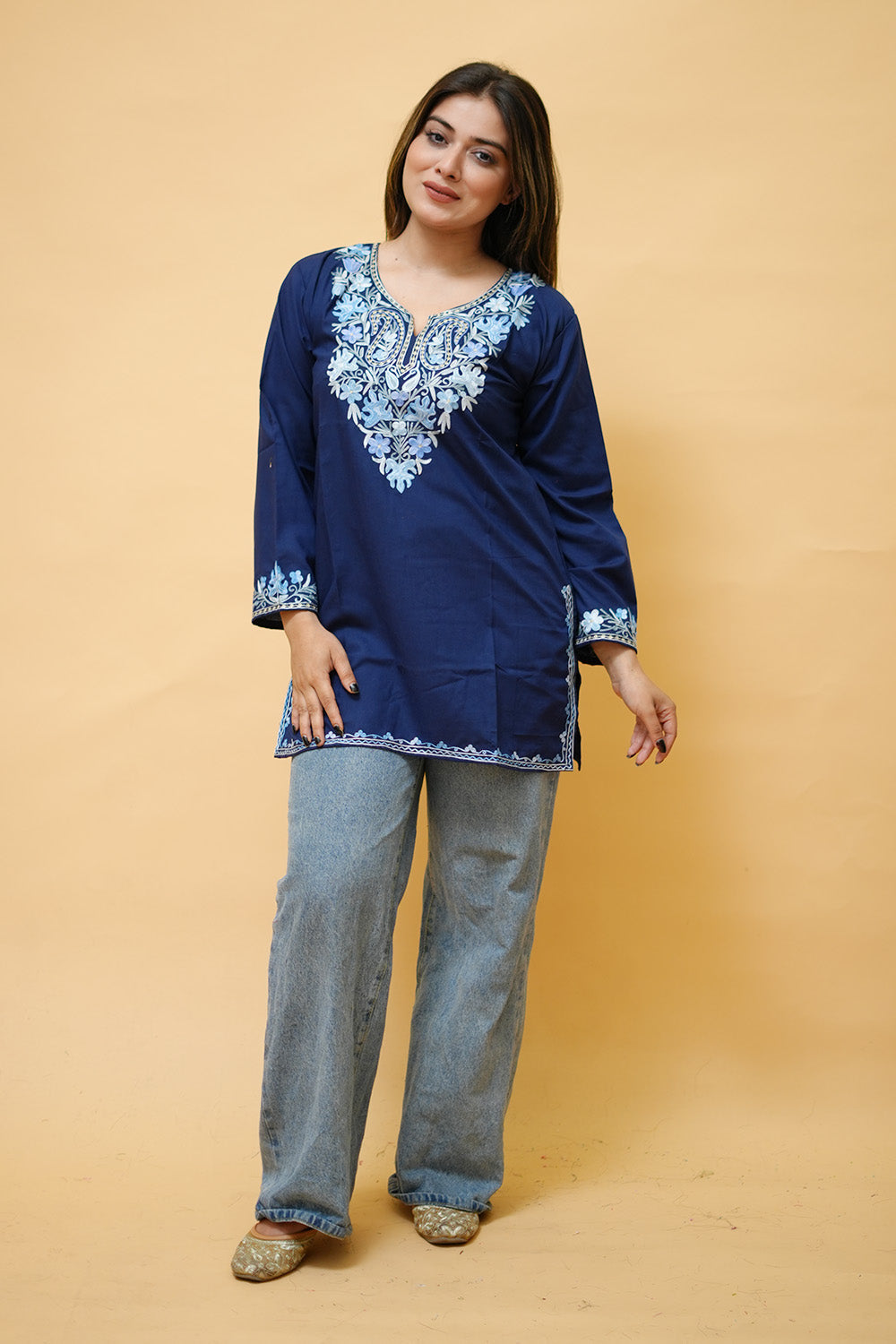 Navy Blue Cotton Aari Work Kurti With Multicoloured