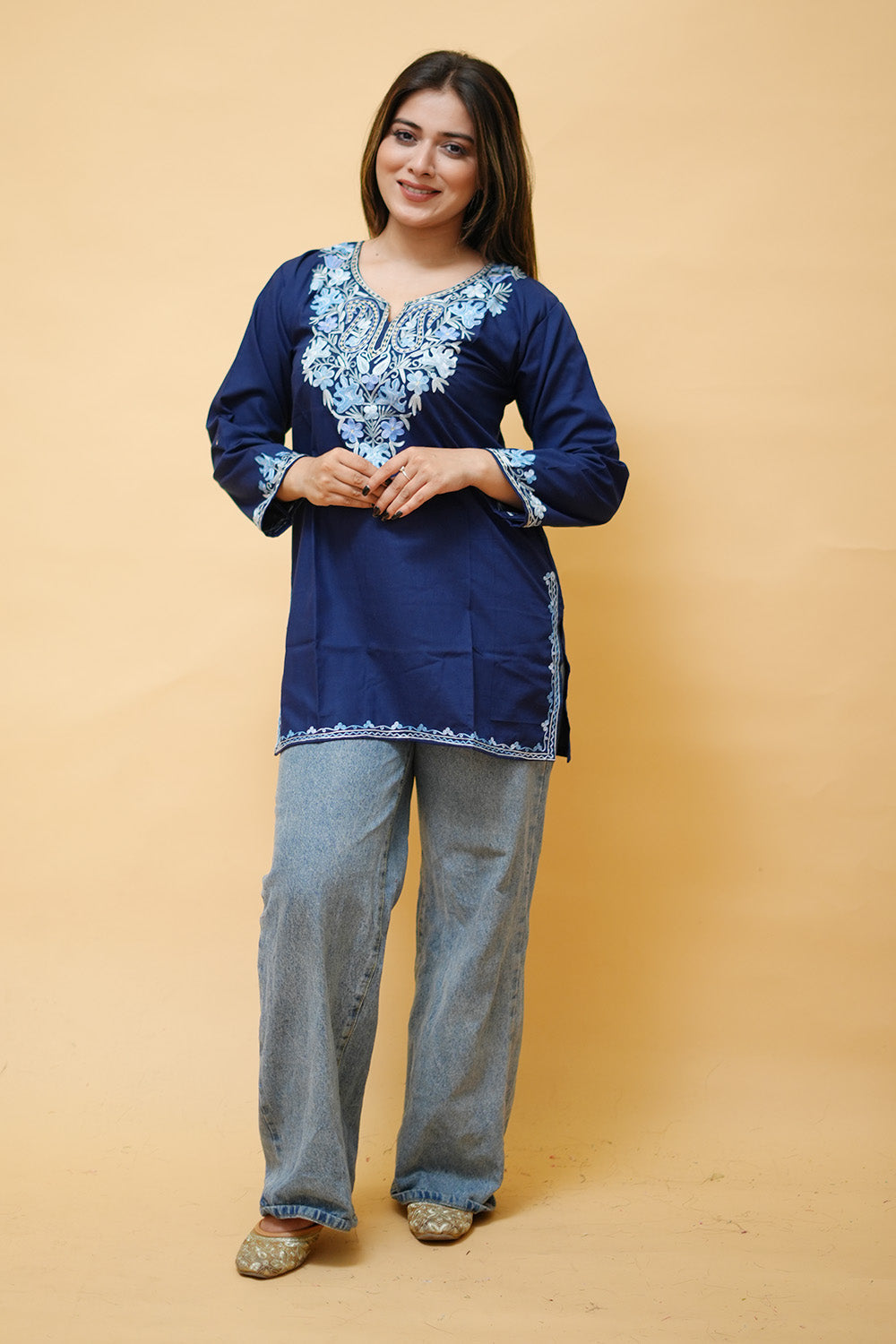 Navy Blue Cotton Aari Work Kurti With Multicoloured
