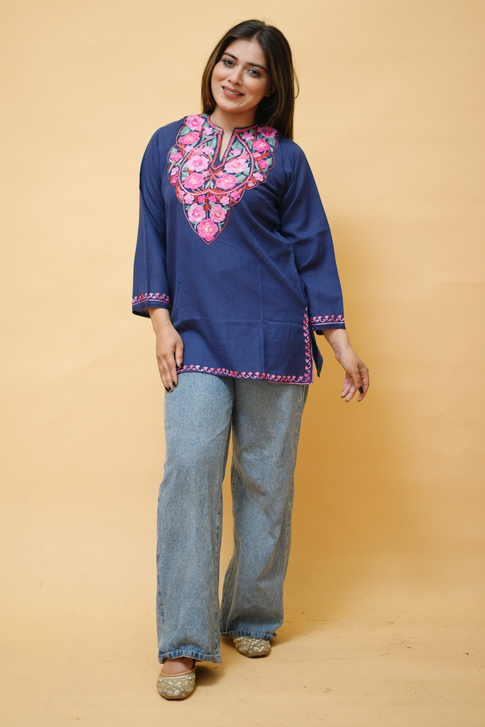 Navy Cotton Aari Work Kurti With Multicoloured Neckline