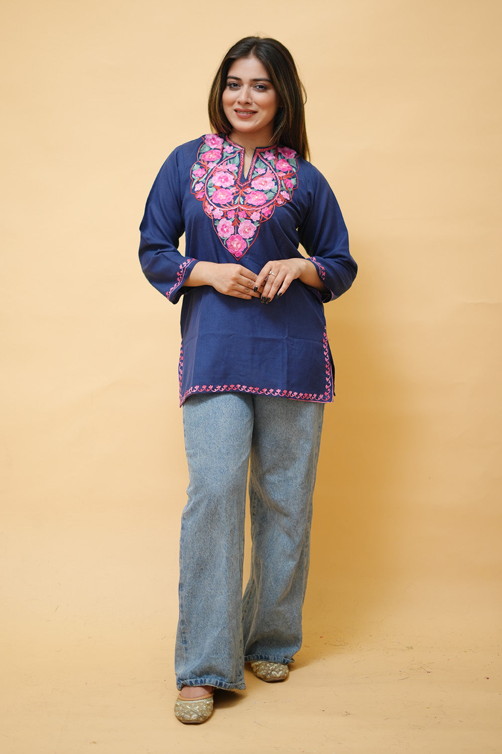 Navy Cotton Aari Work Kurti With Multicoloured Neckline