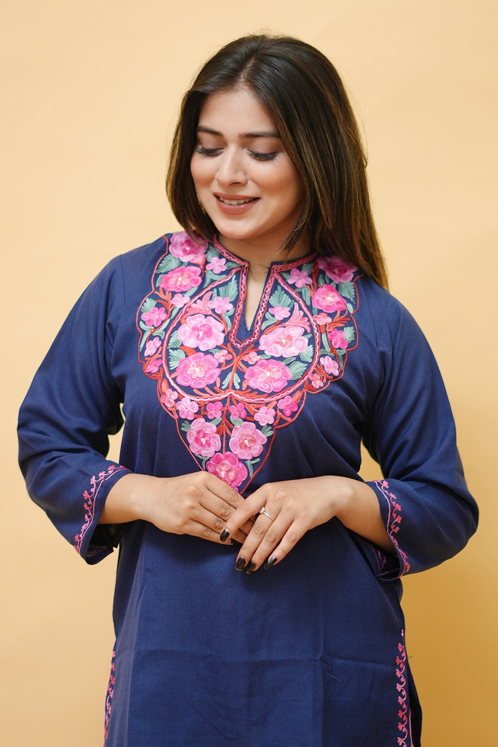Navy Cotton Aari Work Kurti With Multicoloured Neckline