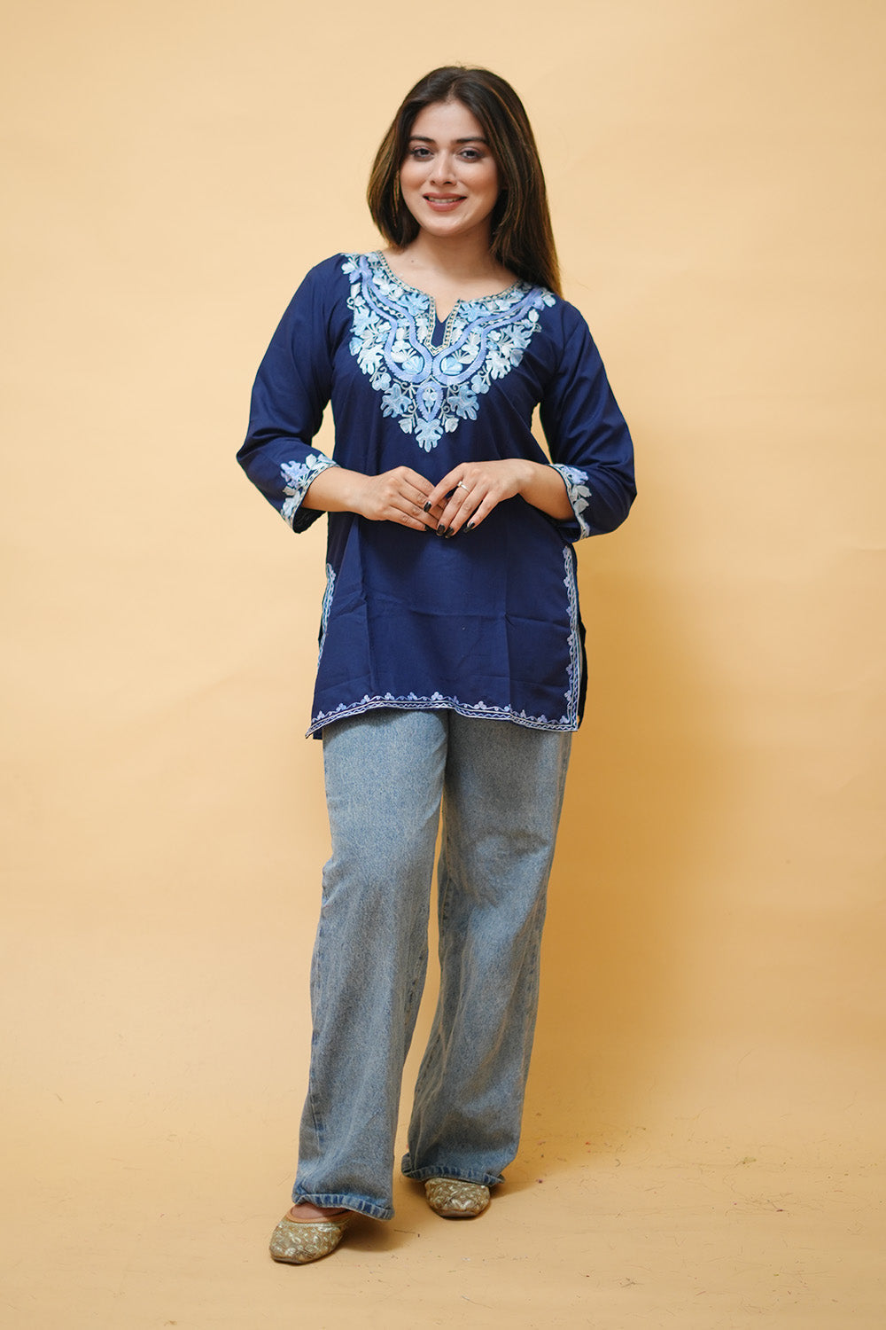 Navy Cotton Aari Work Kurti With Multicoloured Neckline
