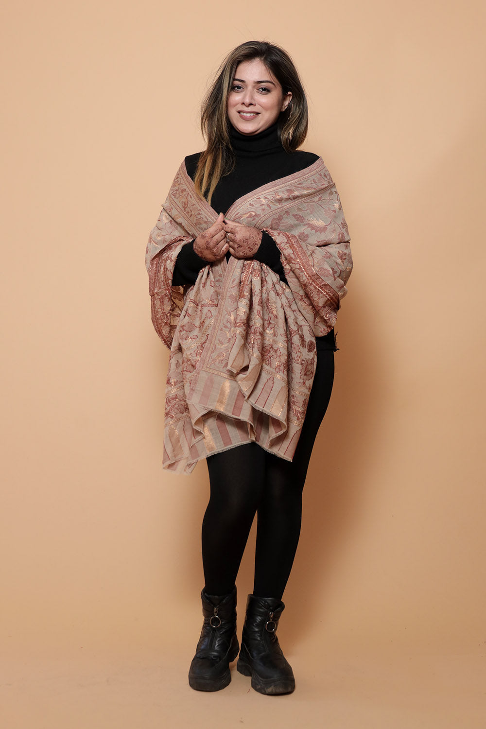 OAT BEIGE COLOUR SHAWL WITH ZARI & KANI WORK DEFINES ROYAL