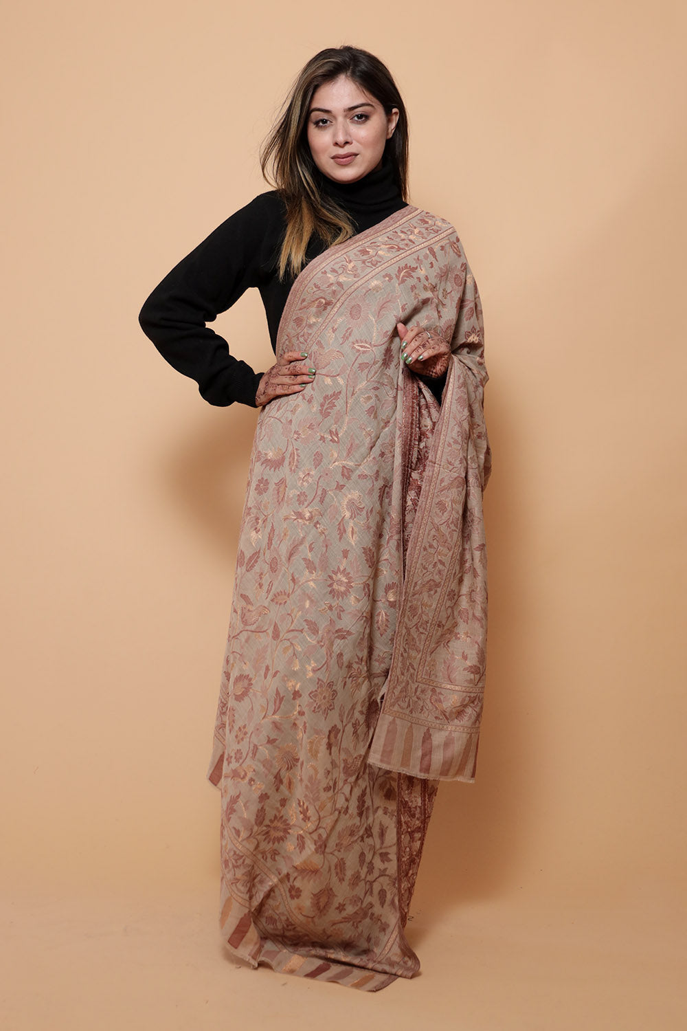 OAT BEIGE COLOUR SHAWL WITH ZARI & KANI WORK DEFINES ROYAL