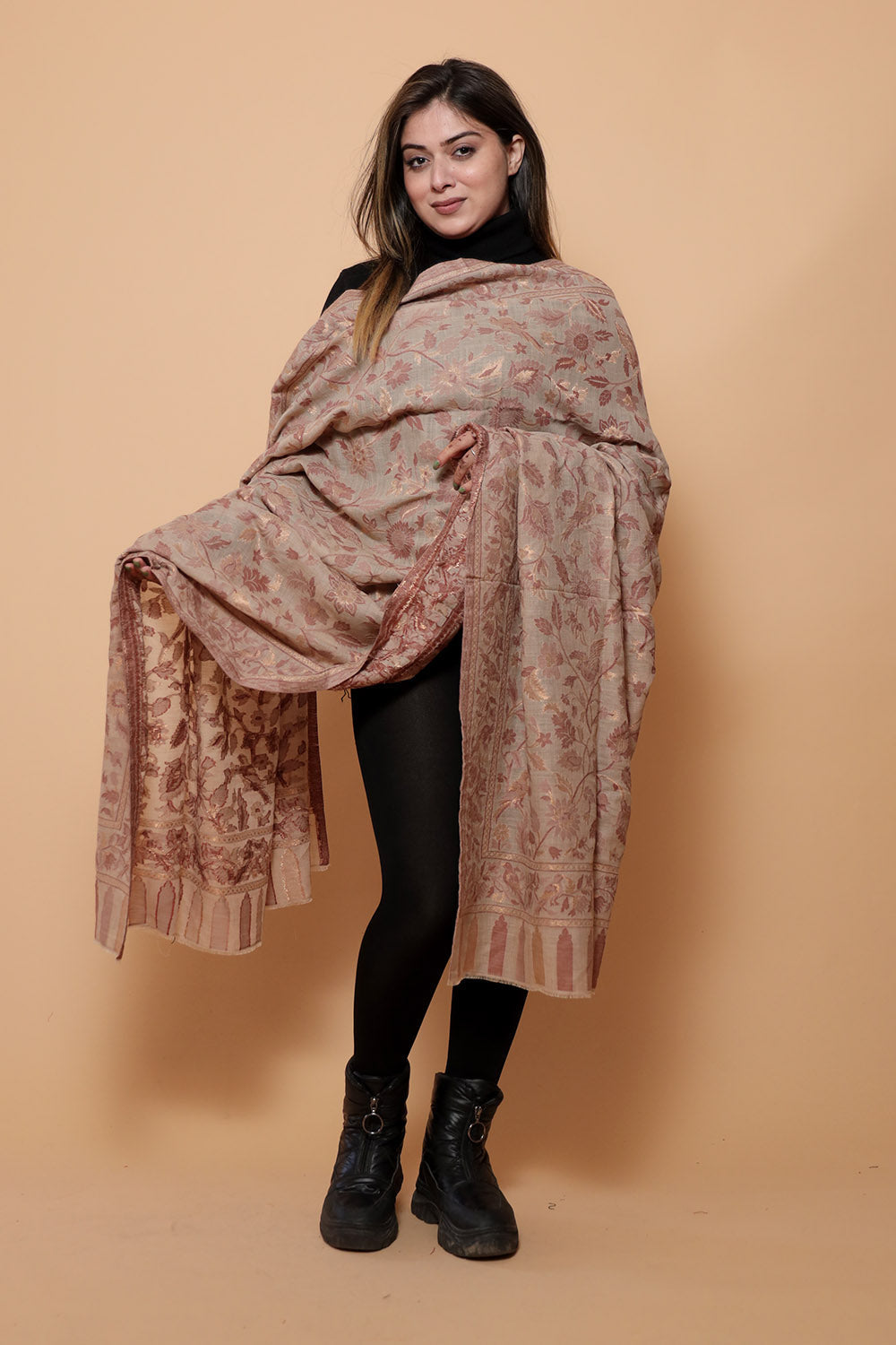 OAT BEIGE COLOUR SHAWL WITH ZARI & KANI WORK DEFINES ROYAL