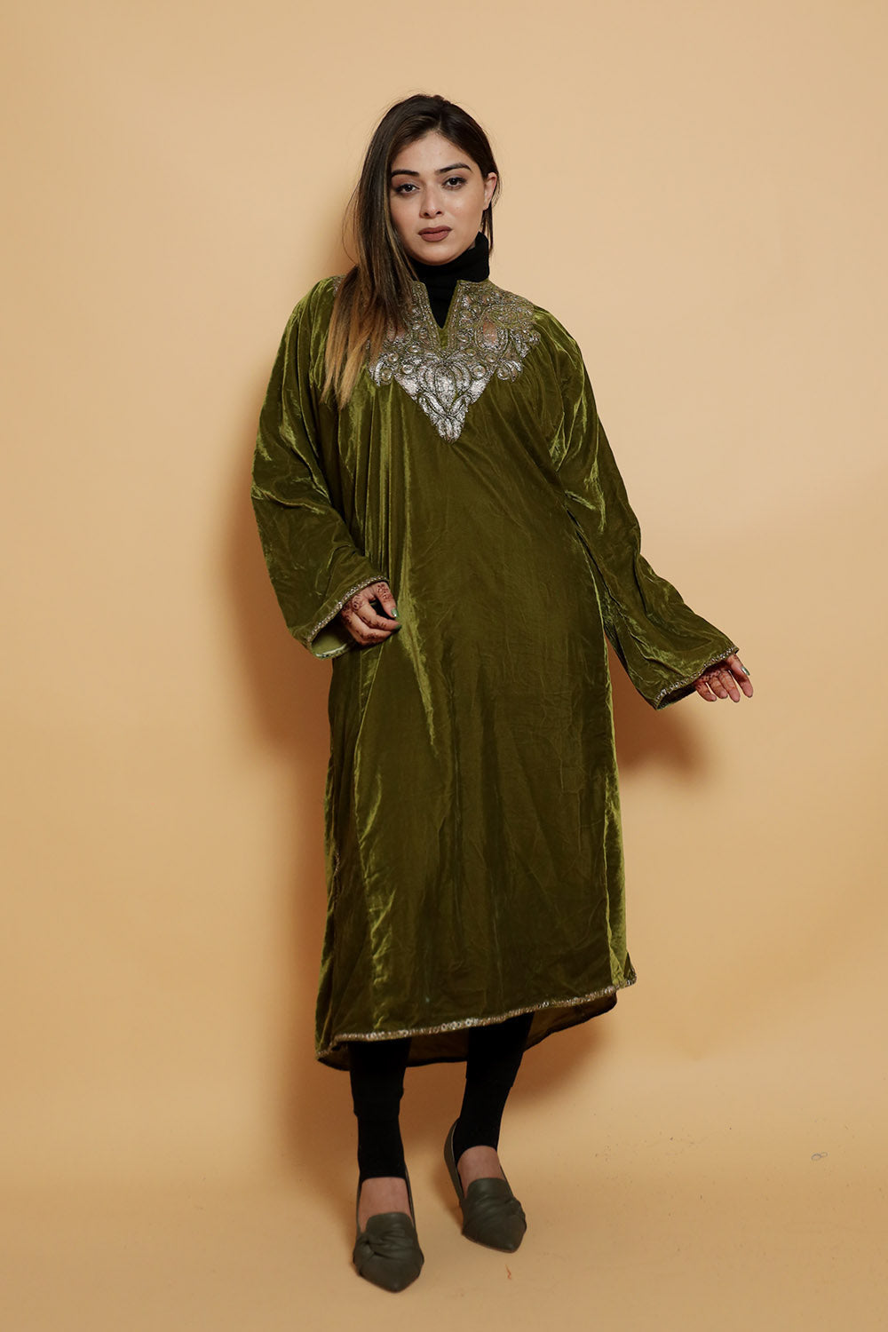Olive Green Color Aari Work Embroidered Velvet Kashmiri