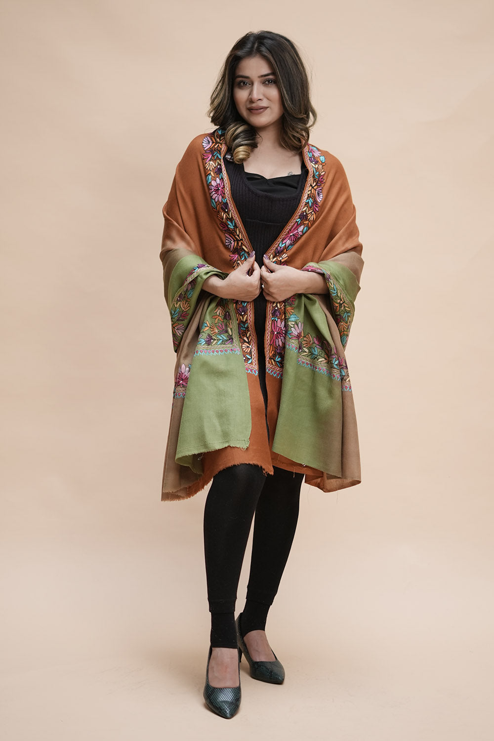 Ombre Color Kashmiri Shawl With Aari Border Gives A Trendy