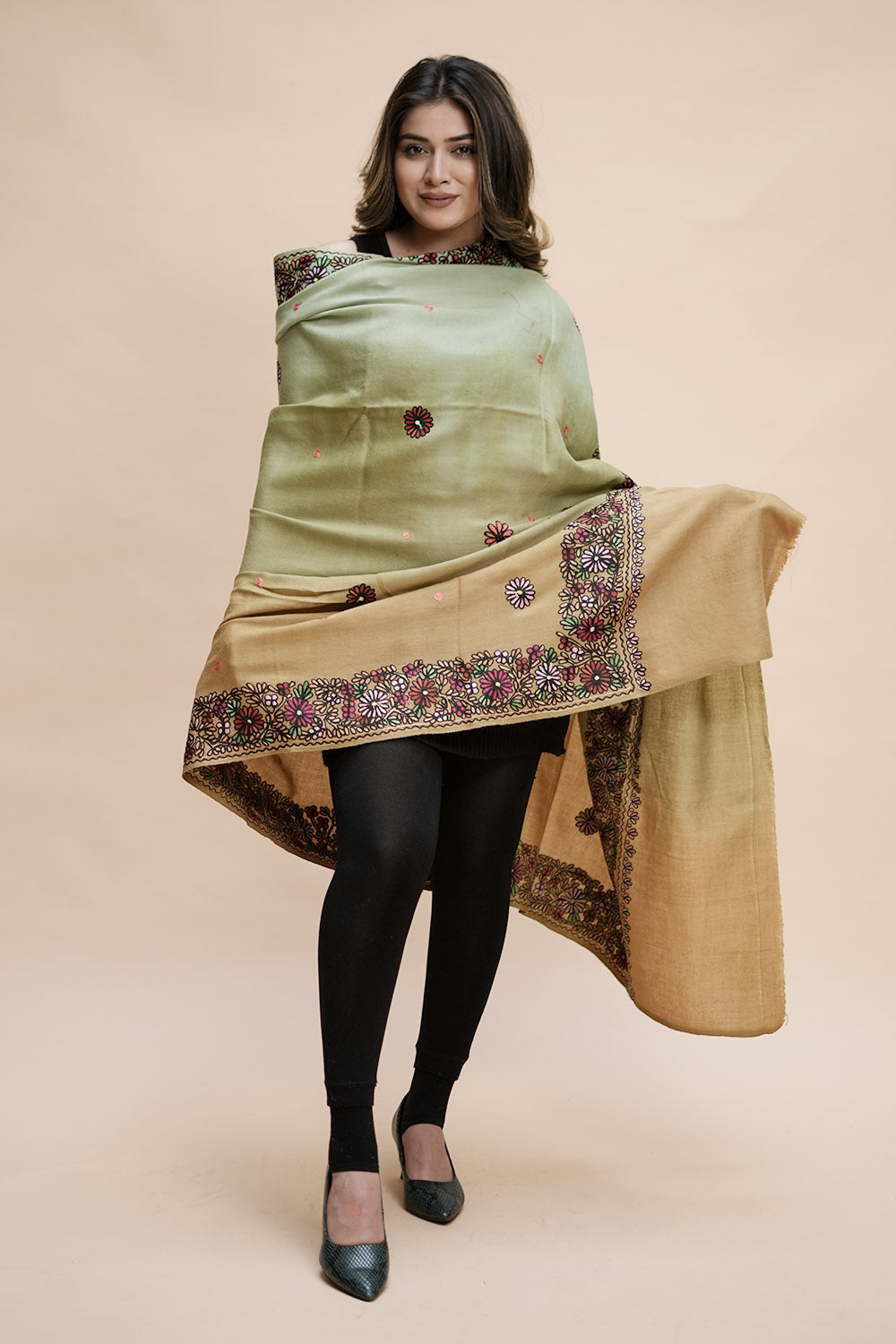 Ombre Color Kashmiri Shawl With Aari Border Gives A Trendy