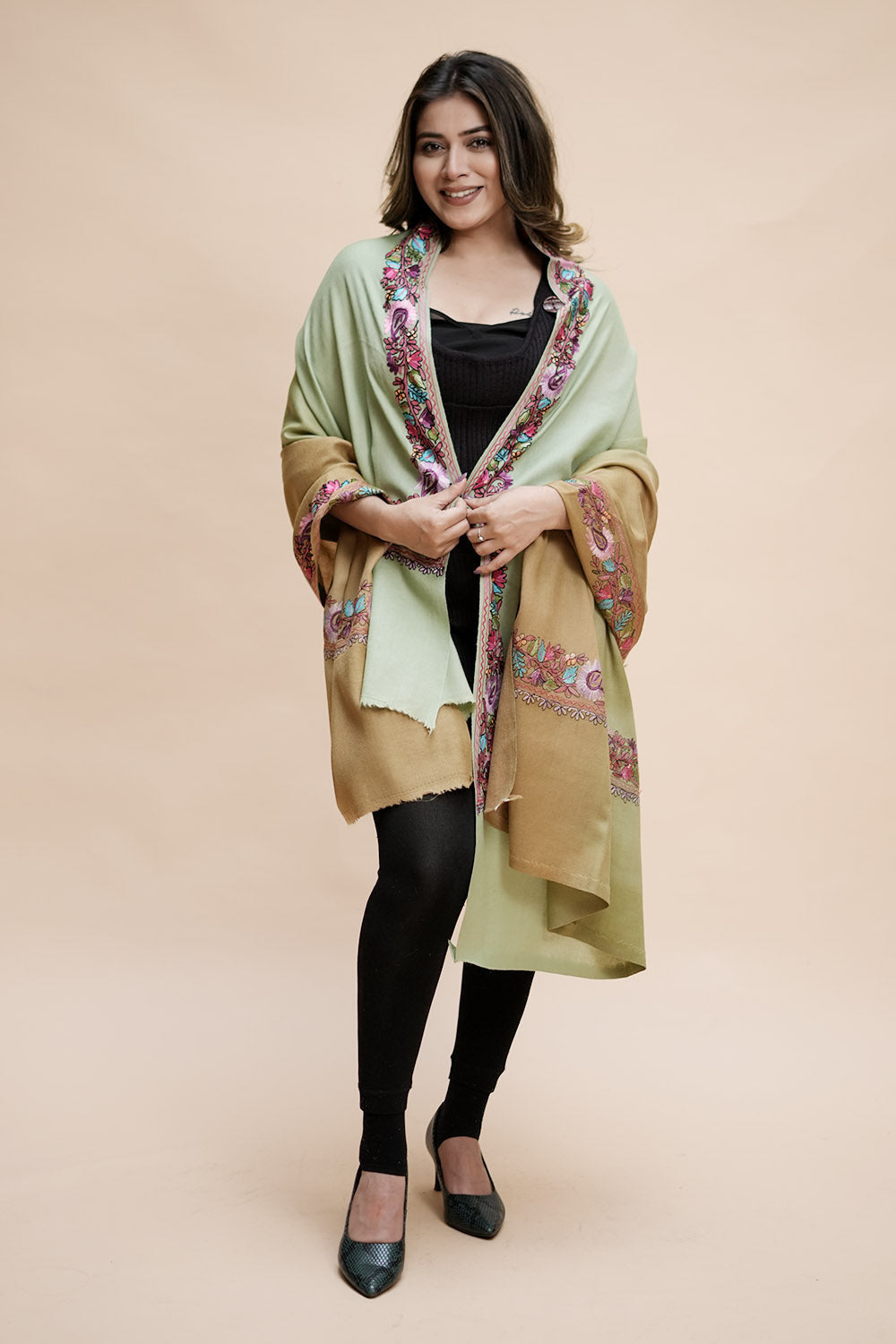 Ombre Color Kashmiri Shawl With Aari Border Gives A Trendy