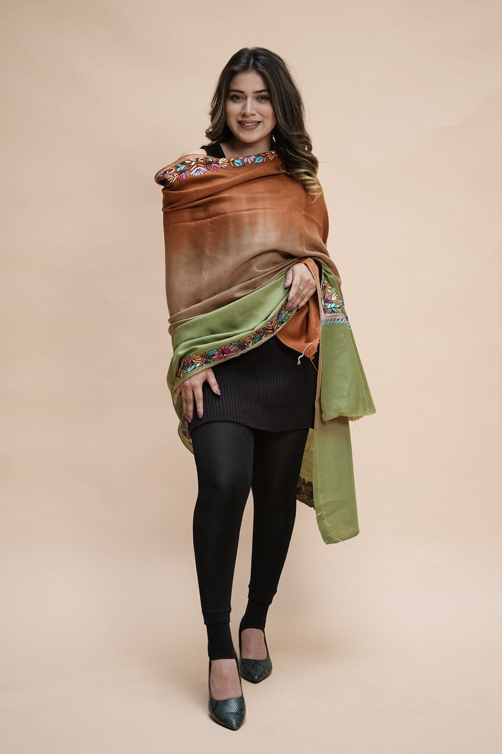 Ombre Color Kashmiri Shawl With Aari Border Gives A Trendy