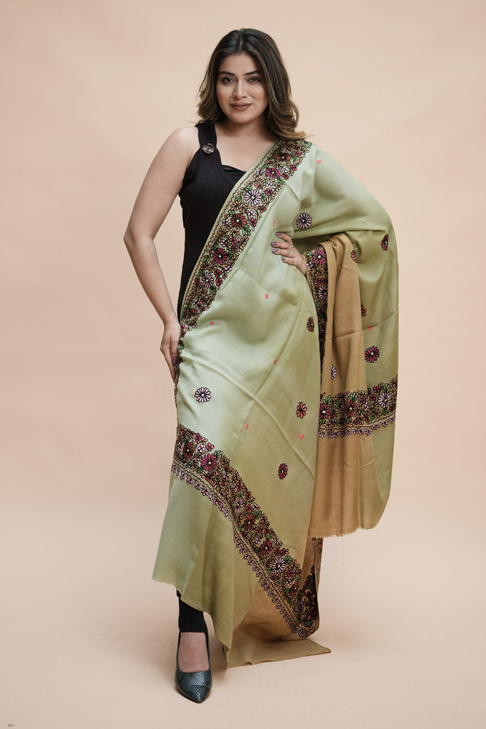 Ombre Color Kashmiri Shawl With Aari Border Gives A Trendy