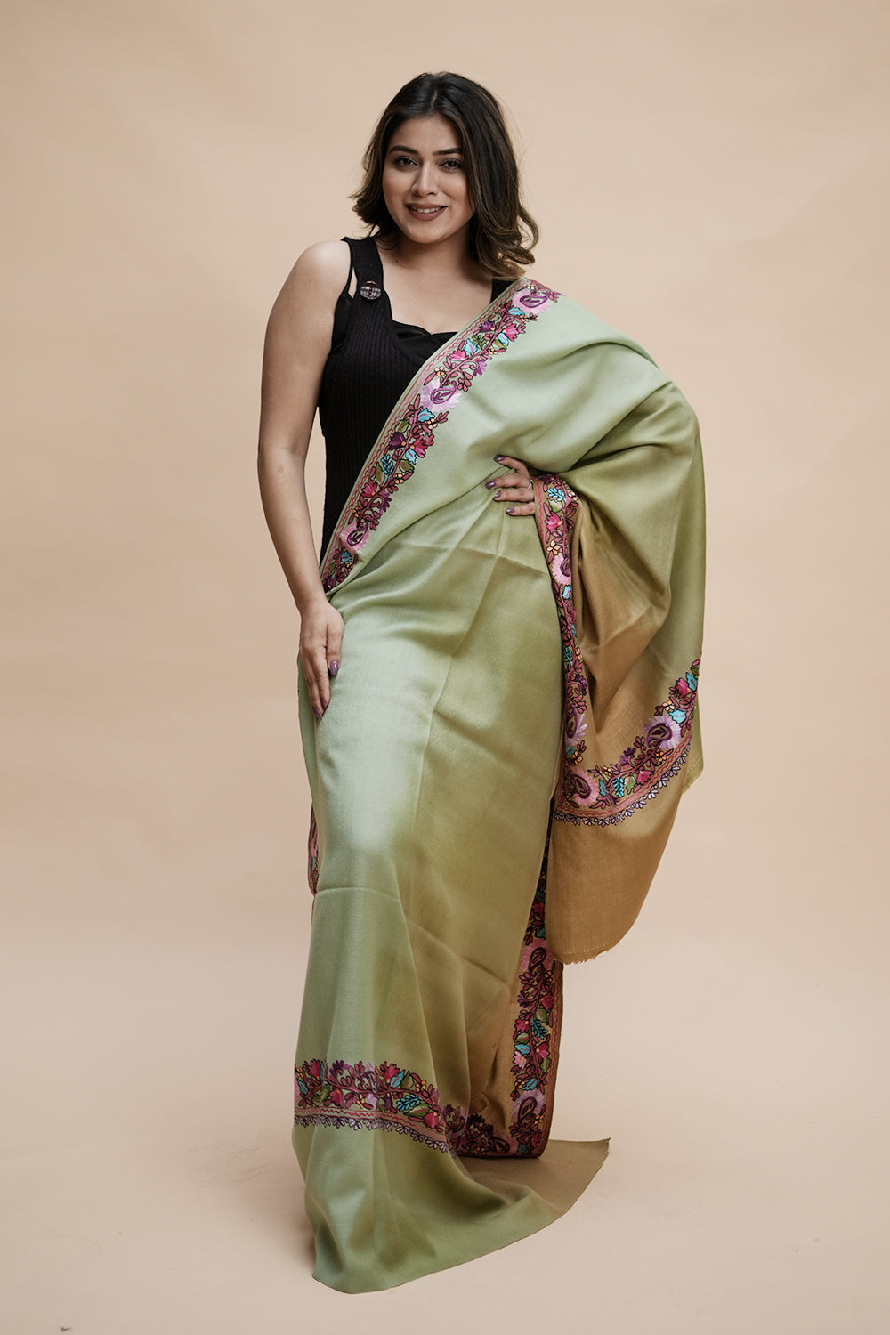 Ombre Color Kashmiri Shawl With Aari Border Gives A Trendy