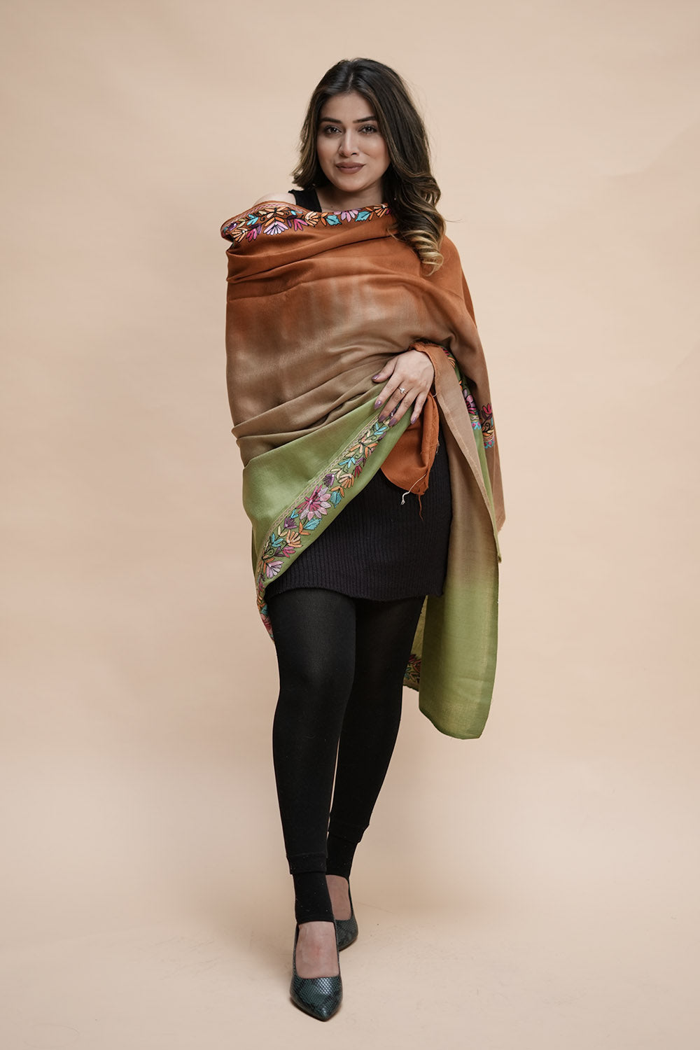Ombre Color Kashmiri Shawl With Aari Border Gives A Trendy