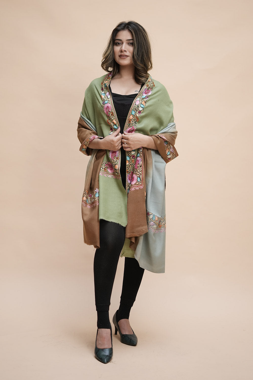 Ombre Color Kashmiri Shawl With Aari Border Gives A Trendy