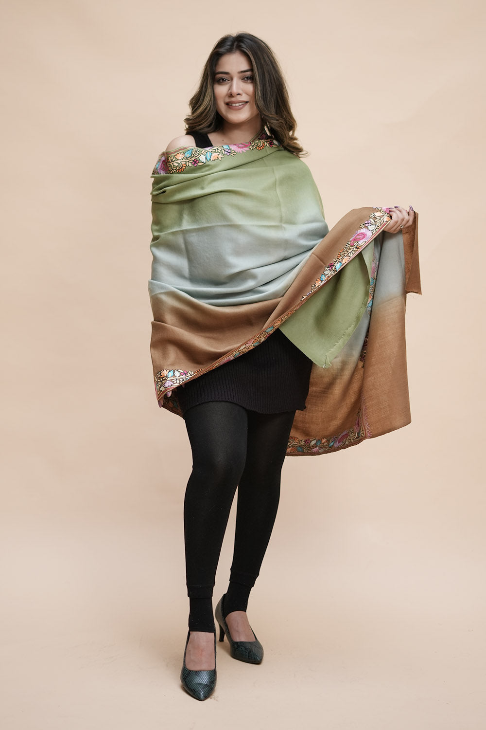 Ombre Color Kashmiri Shawl With Aari Border Gives A Trendy