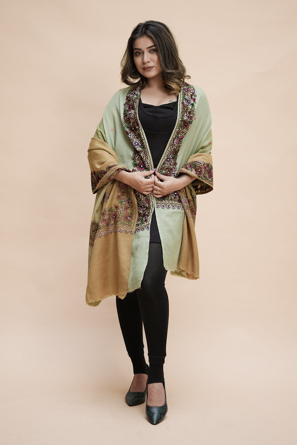 Ombre Color Kashmiri Shawl With Aari Border Gives A Trendy
