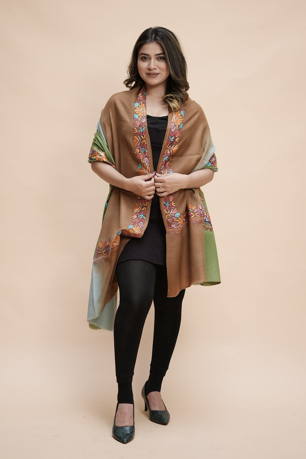 Ombre Color Kashmiri Shawl With Aari Border Gives A Trendy
