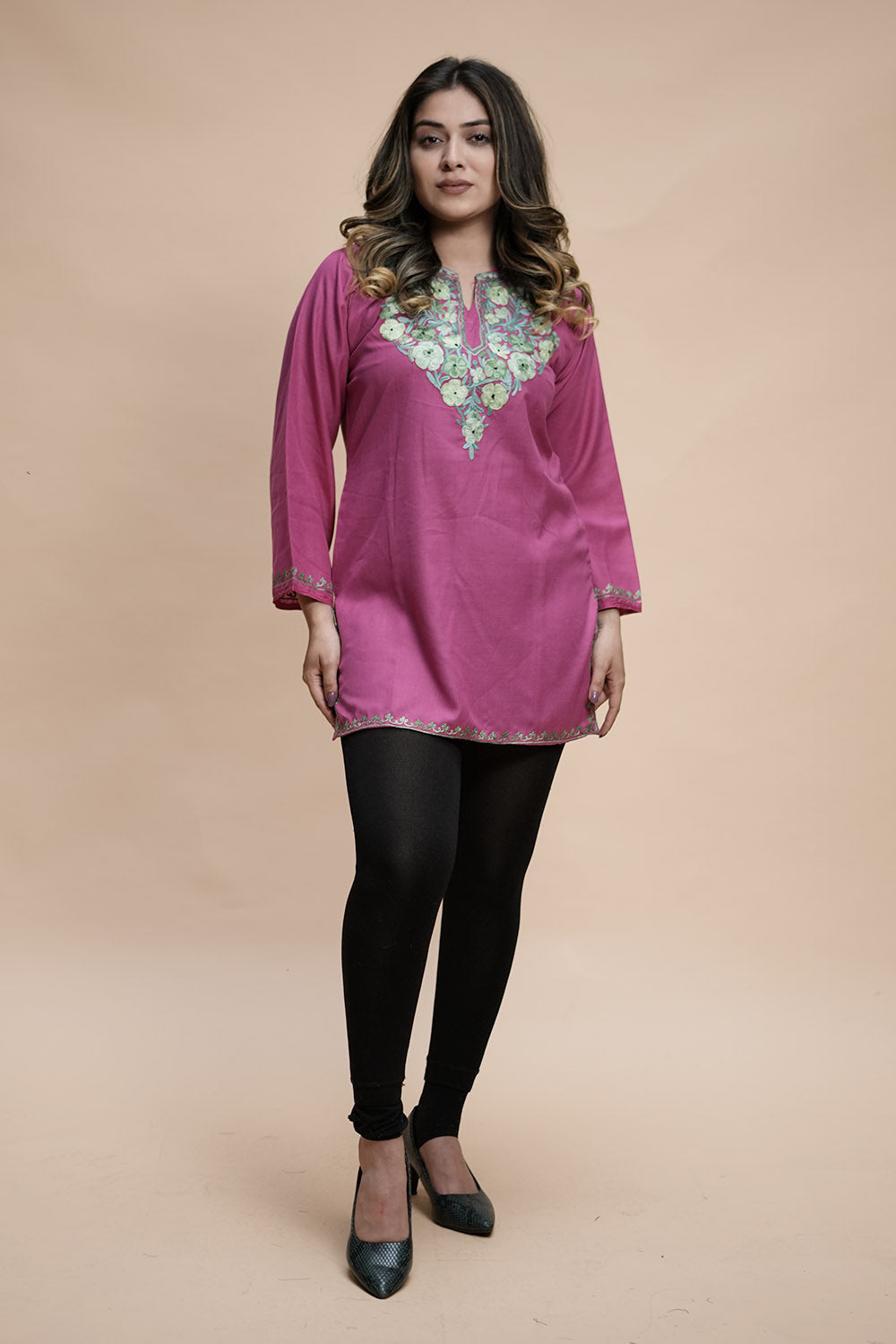 Onion Cotton Aari Work Kurti With Multicoloured Designer