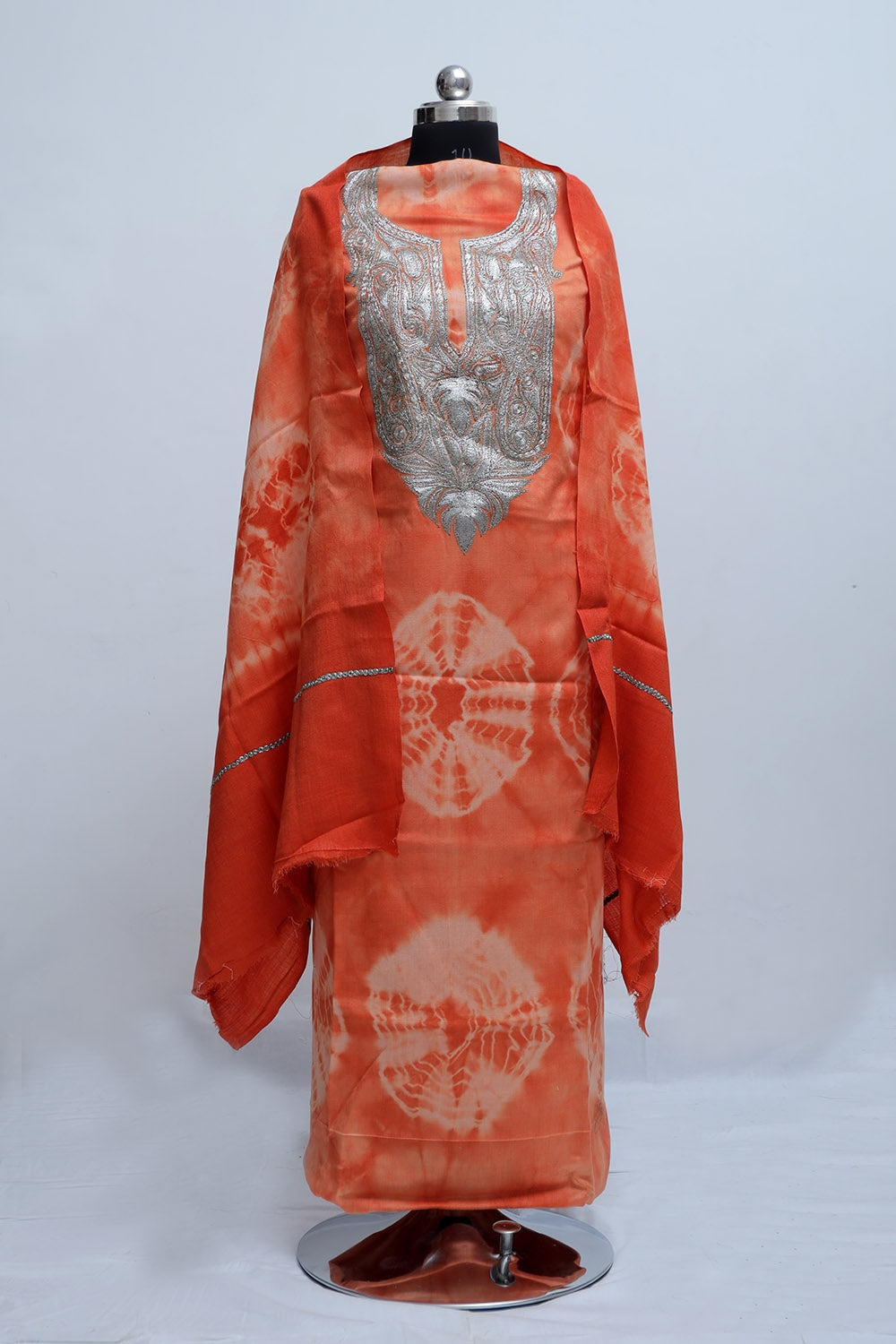 Orange Color Tye And Dye Semi Pashmina Suit Having Tilla