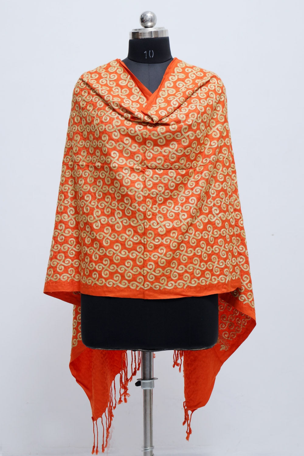 Orange Colour Aari Work Embroidered Stole Embellished