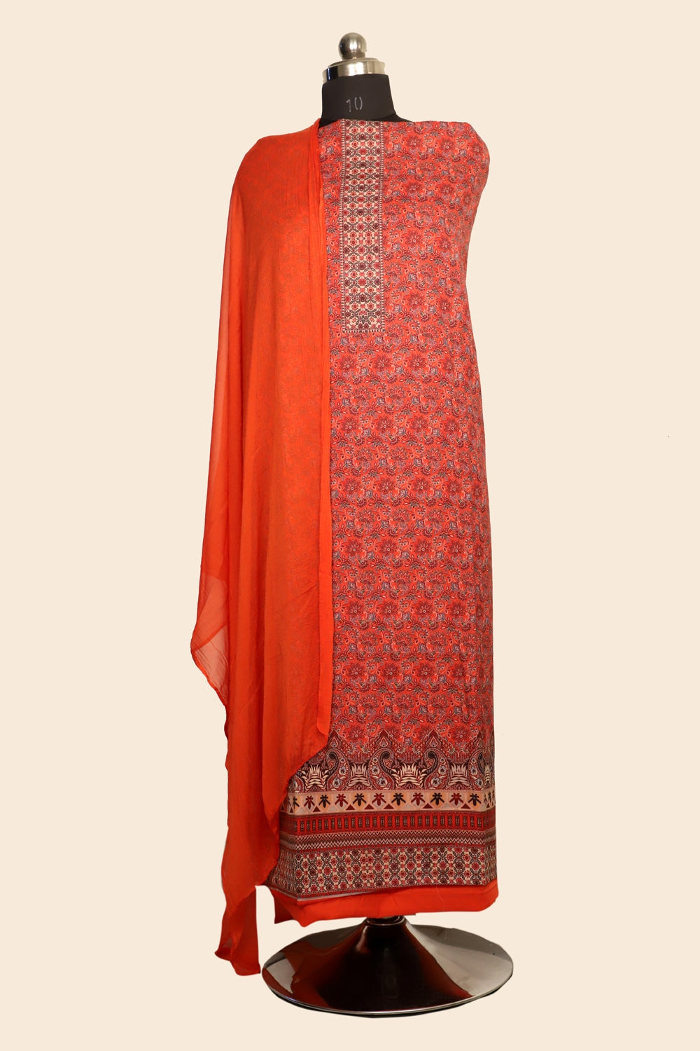 Orange Color All Over Printed Mixed Fabric Top Material And Pant Material With Soft Cotton Dupatta